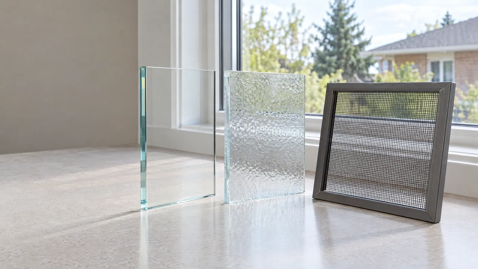 A clear glass pane, a textured privacy-glass pane and a small framed window screen standing on a sunny windowsill