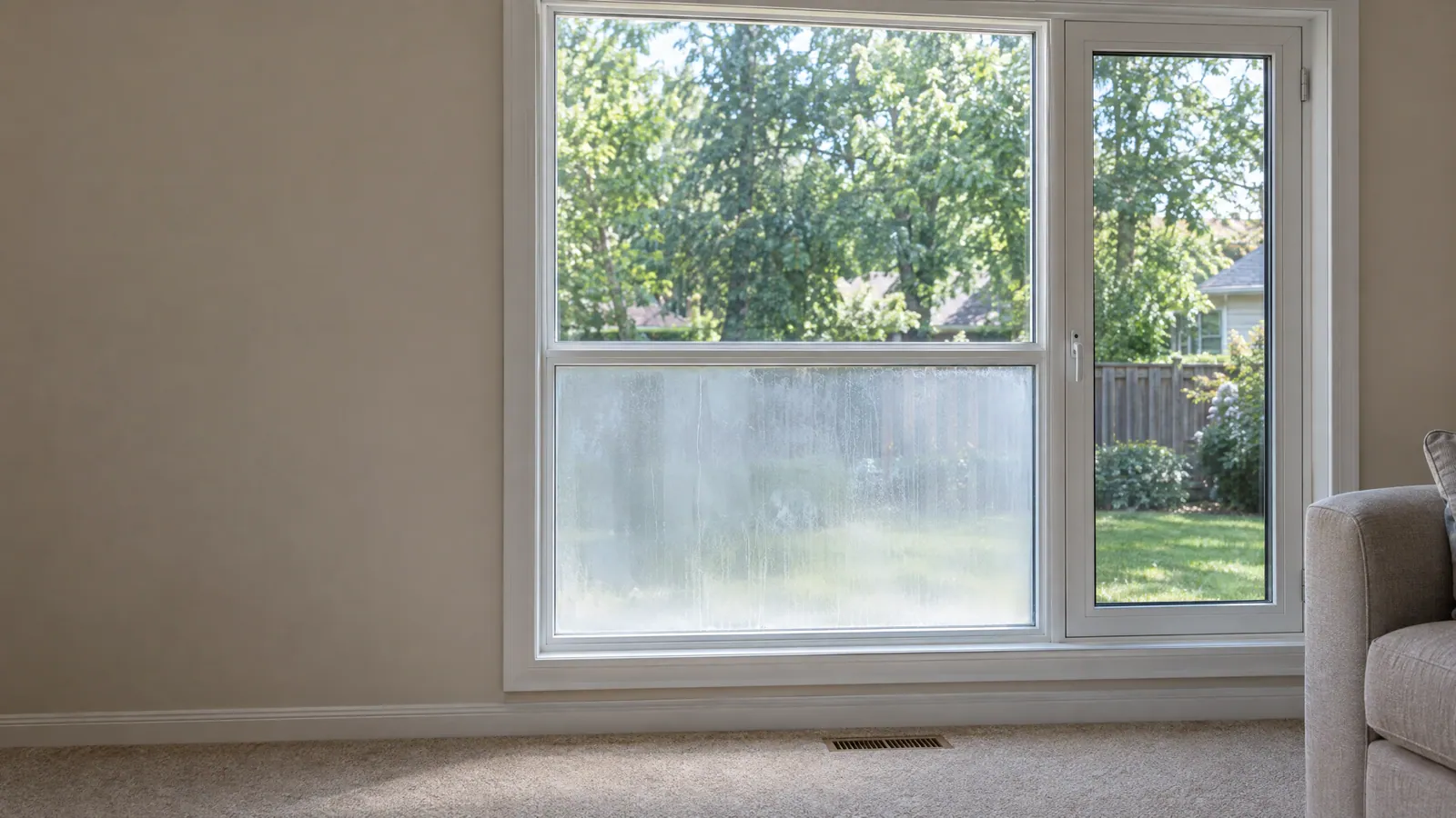 Family-room window with a milky, streaked lower sealed unit under a clear upper pane and a clear casement, summer yard outside