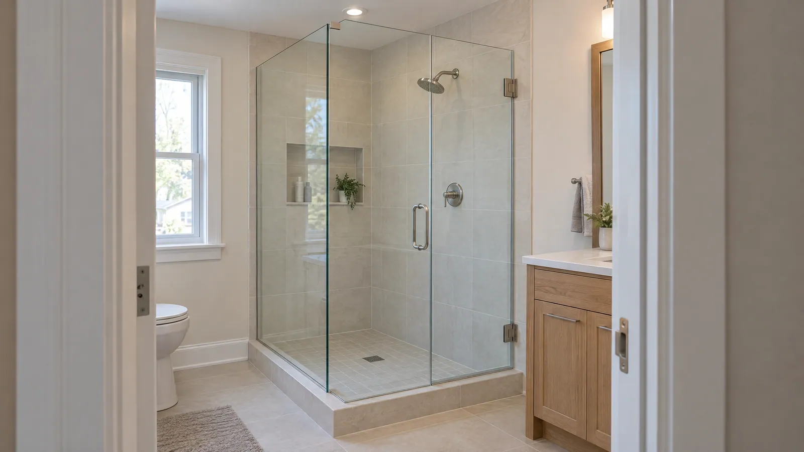 Bathroom seen through a doorway, with a frameless clear glass corner shower standing on a tiled curb