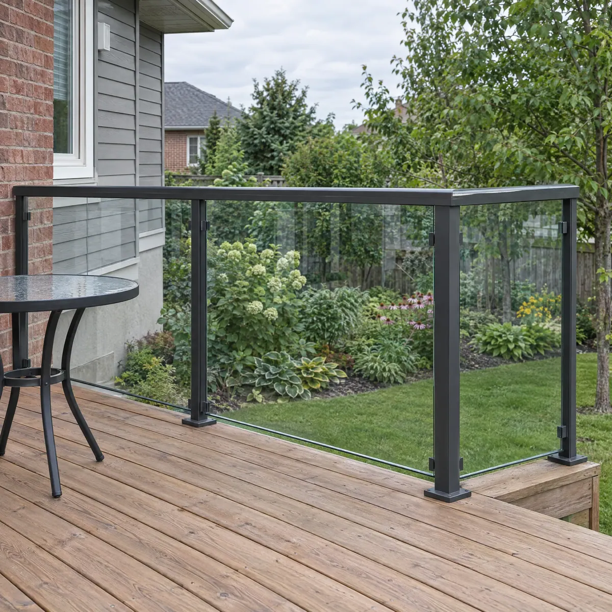 Wood deck with a black aluminum and clear glass railing, garden beyond