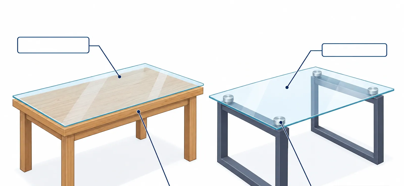 Comparison of a thin glass overlay protecting a wood table and a thicker structural glass tabletop resting on a metal base