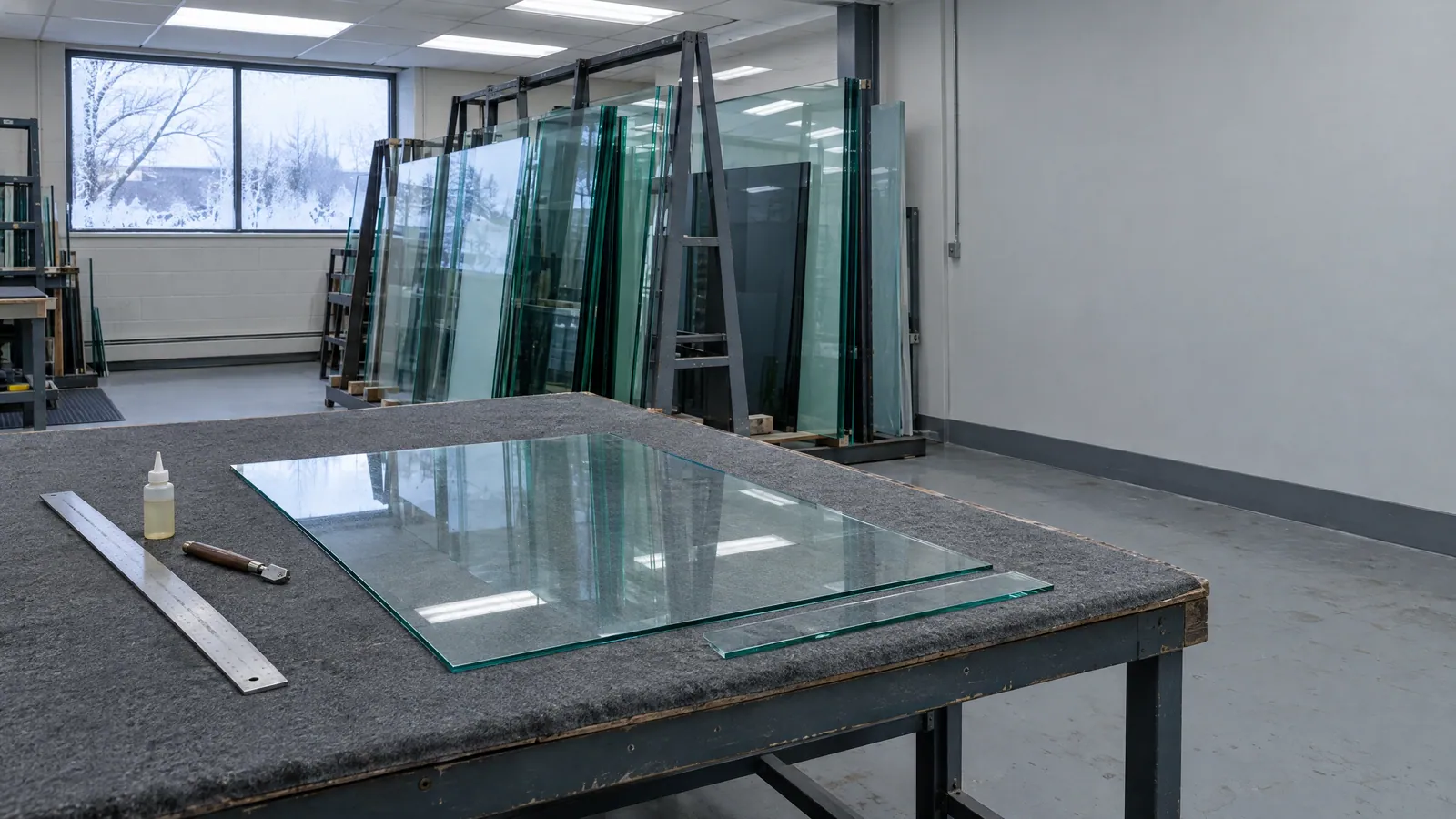 Glass shop cutting table with a scored clear sheet and a hand cutter resting on it, and tempered panels standing in a rack behind