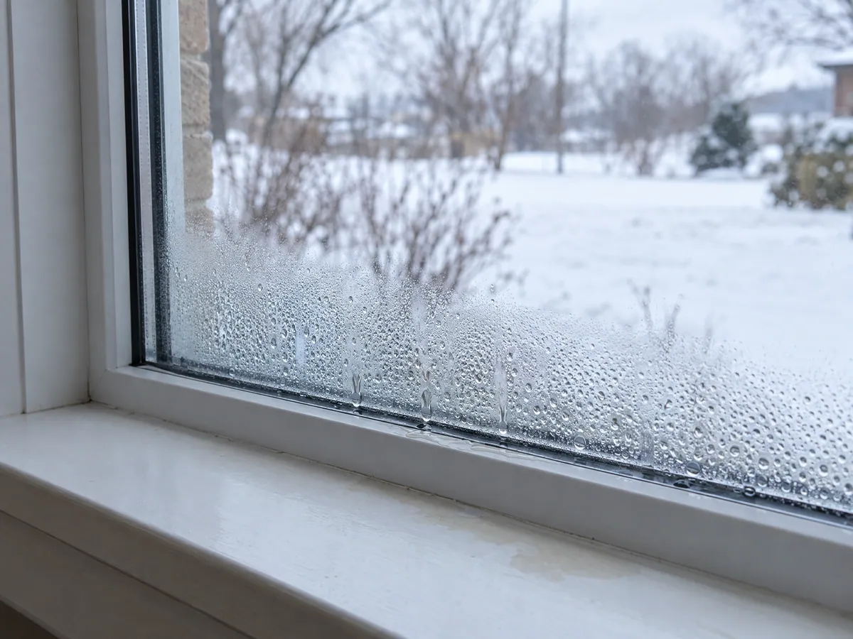 Water droplets beaded along the inside bottom edge of a window pane and running onto the sill, snowy yard outside