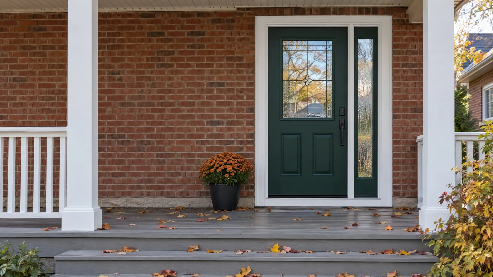 Dark green front door with a decorative half-lite and a textured-glass sidelight, on the covered porch of a brick house scattered with autumn leaves