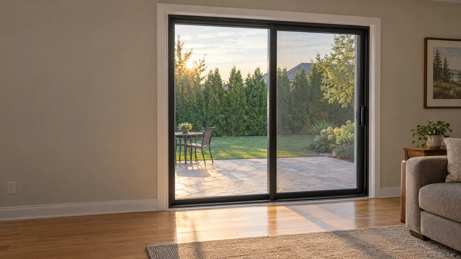 Family room with a new black-framed sliding patio door in white trim, low sun streaming in across the floor from a stone patio and lawn