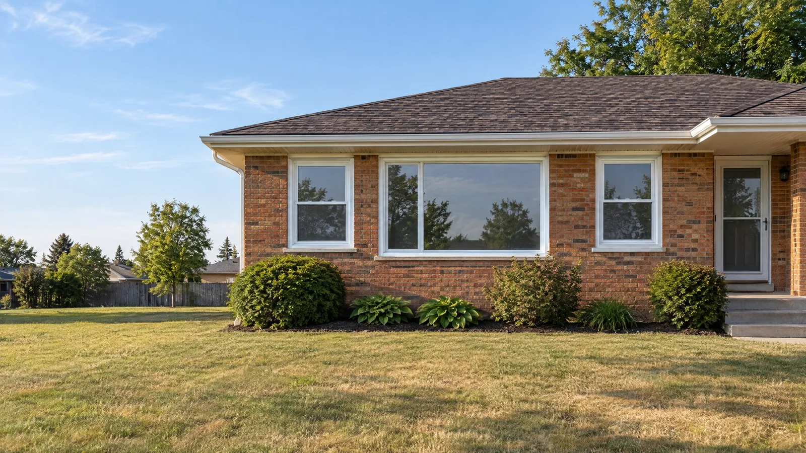 Brick ranch bungalow with a new white vinyl picture window between two smaller windows, lit by low late-afternoon sun