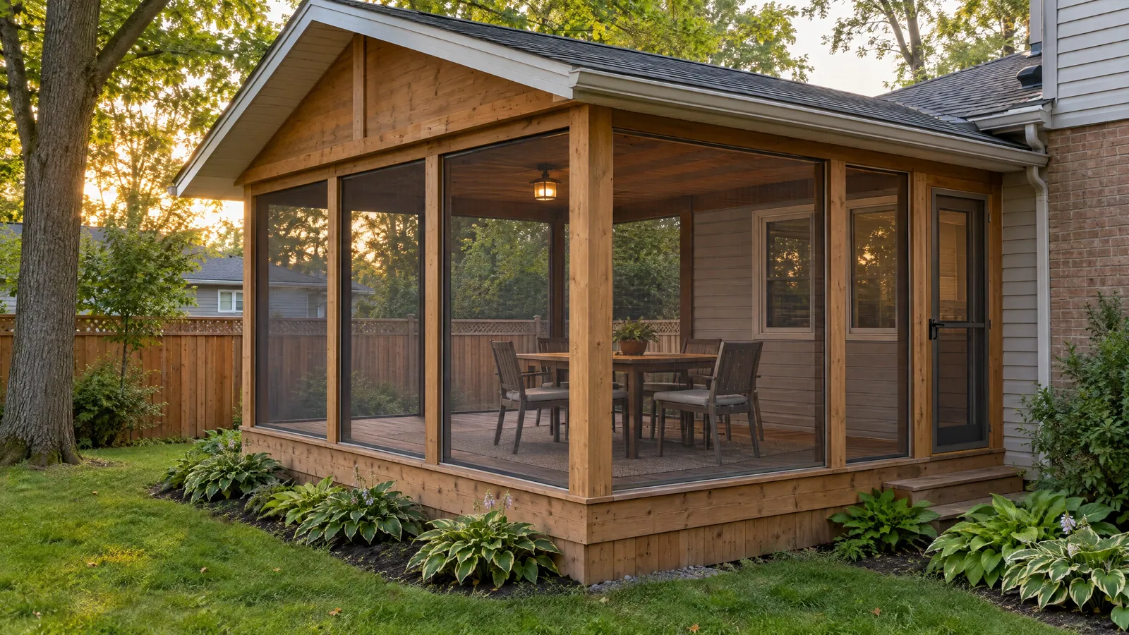 Cedar-framed screened porch off a brick house, with a dining table inside and hostas along its base at sunset