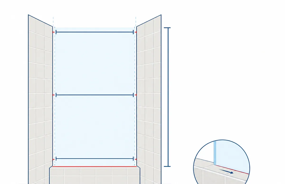 Finished tiled shower opening marked with measuring lines for width, plumb on each wall and the slope of the curb