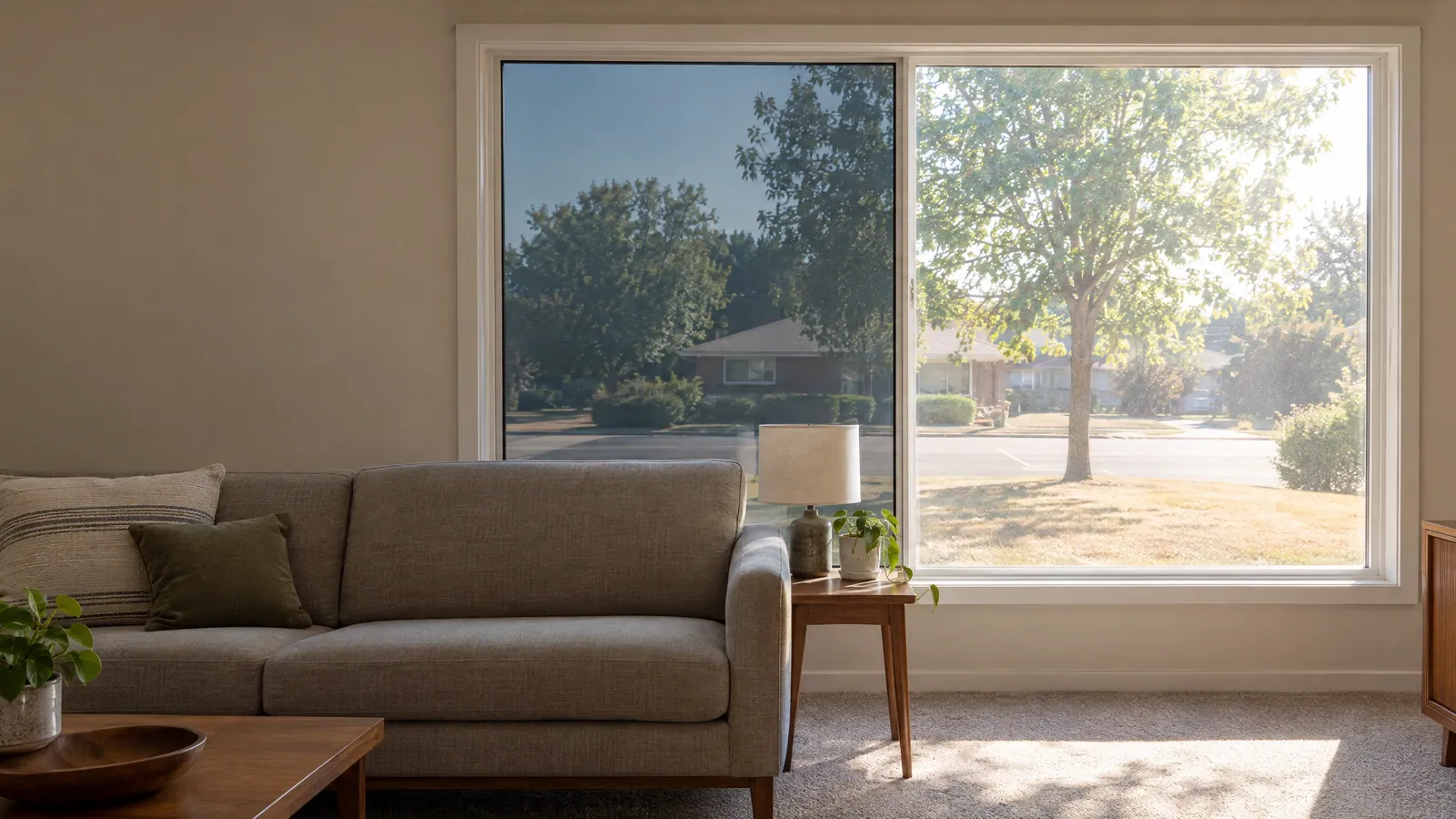 Living room window with solar film darkening the left pane while the untreated right pane lets in bright sun