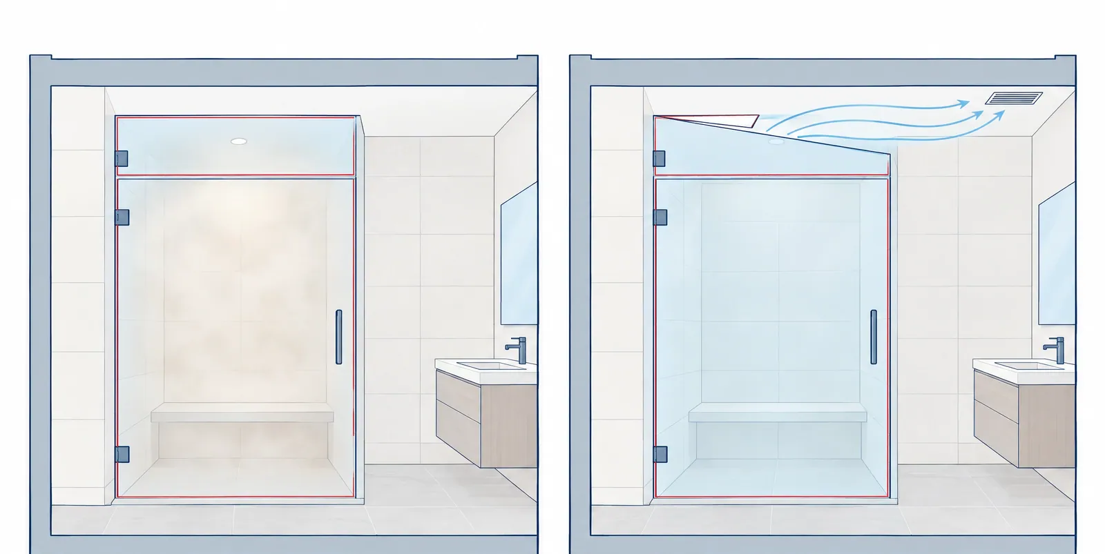 The same full-height steam shower shown sealed shut during use, then with its top transom opened to dry out
