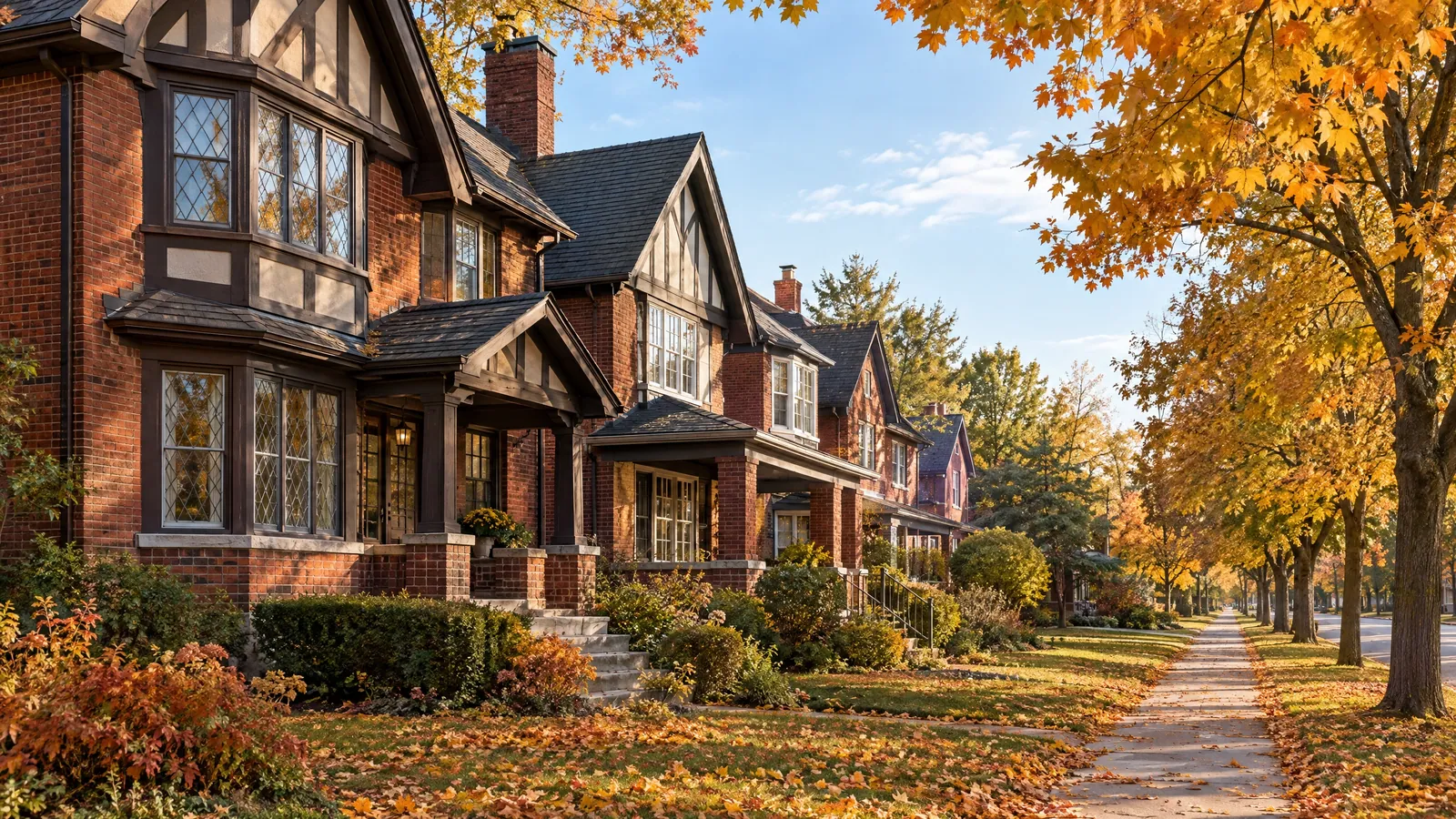 Autumn street of early-1900s brick and half-timbered houses with small-paned leaded casement windows and deep front porches