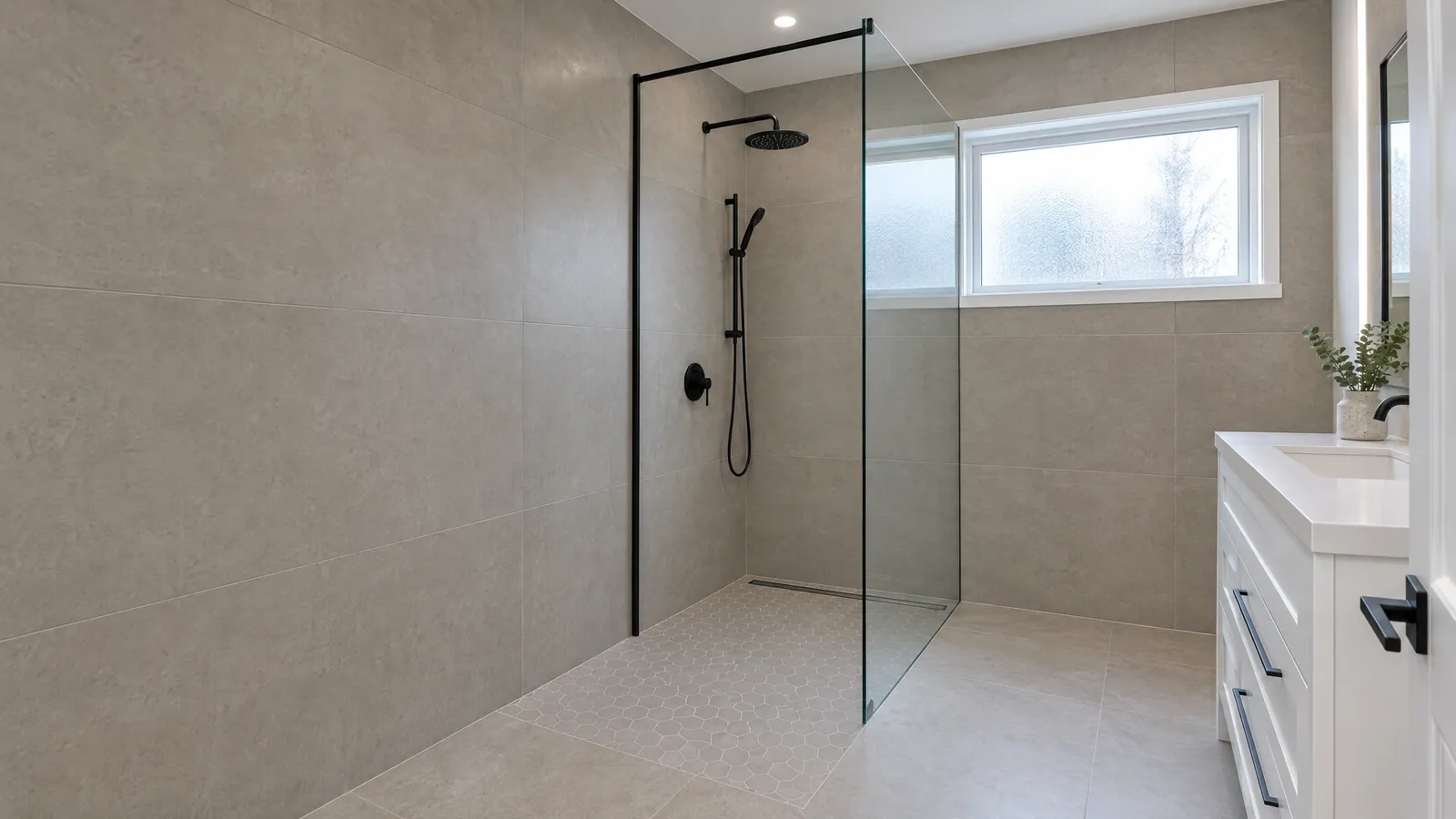 Bungalow bathroom with a curbless walk-in shower behind a single fixed clear glass panel held by a black wall channel