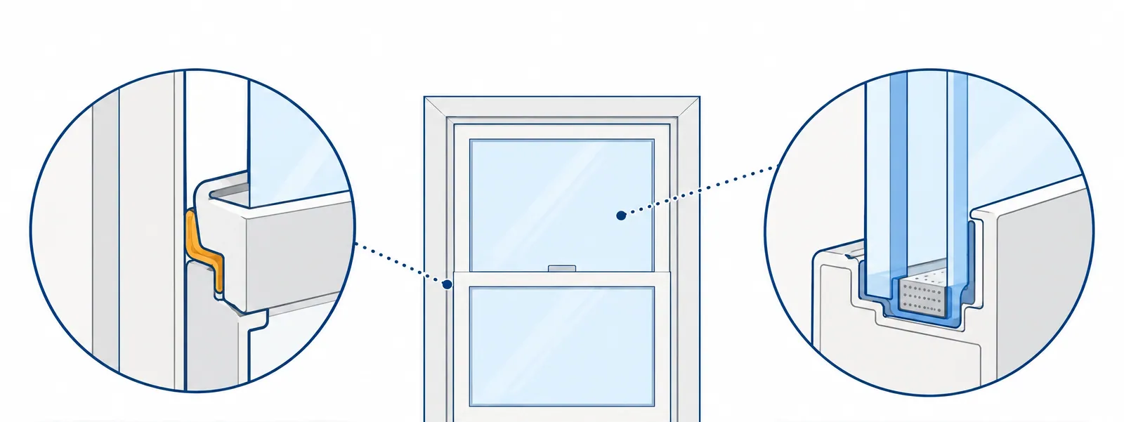 Diagram of a double-hung window with close-ups of the weatherstrip sealing the sash to the frame and the edge seal and spacer of the glass unit