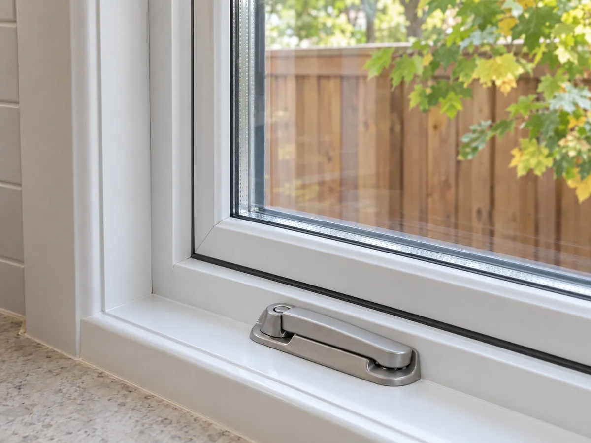 Brushed-metal latch on the bottom rail of a white vinyl sash, double glazing and a wooden fence beyond
