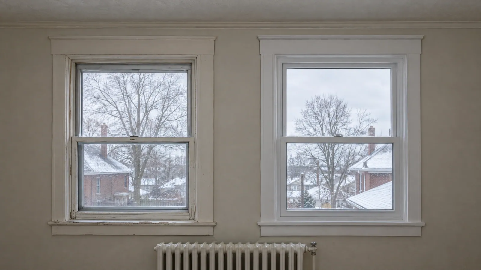Original painted wood double-hung window with a worn sill beside a newer white vinyl double-hung, snowy brick houses outside